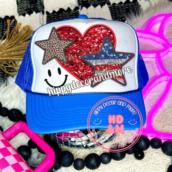 Cute Patches For Truckers Hat PNG Patch PNG USA Png Sparkly 4th of July Digital Smiley Face Png Faux Embroidery Png Leopard Print Heart Star