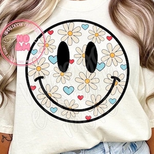 Retro Smiley Face PNG Daisy Hearts Boho PNG Smiley Shirt Design Daisies PNG Retro Trendy Designs