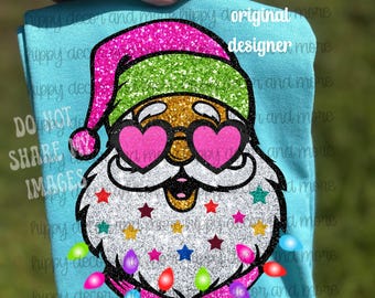 Santa with Sunglasses PNG Christmas PNG Cute Christmas Shirt Digital Design Cheerful Sparkly Glitter Christmas Lights Pink Santa PNG