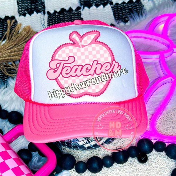 Teacher PNG Pink Checkerboard Trucker Hat Patches PNG Patch for Hats Digital Design Apple PNG Teacher Gift Ideas