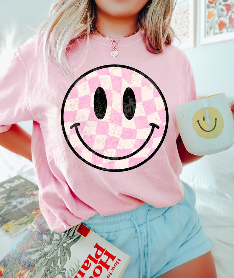 Checkered Smiley Face PNG Pink Checks Png Distressed Smiley Etsy