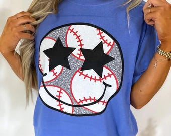 Baseball PNG Smiley Face Comfort Colors Shirt Ideas Baseball Vibes Baseball Mom Sparkly Sublimation Design