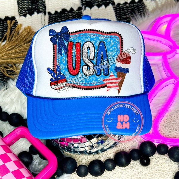 Trucker Hat Patches PNG 4th of July PNG USA Png Patches For Hats Digital Design Trendy Neon American Png