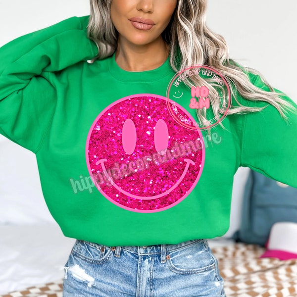 Pink Sparkly Smiley PNG Valentines Day PNG Valentines Shirt Design Faux Glitter Smiley Face