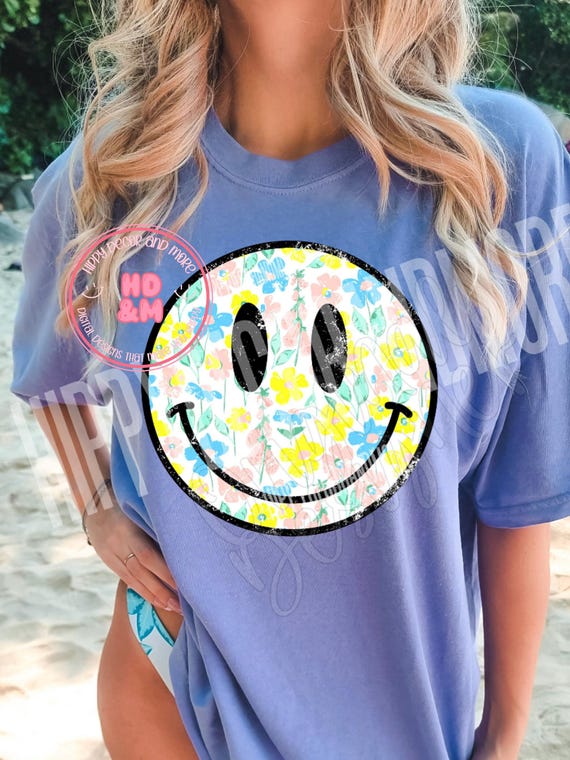 Boho Flowers PNG Smiley Face PNG Smiley Shirt Design Summer Floral Daisy PNG Daisy Smiley Retro png