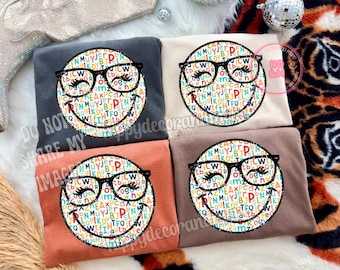 Teacher PNG Smiley Face PNG Alphabet School Shirt Sublimation Design Glasses  Transfer Eyelashes Happy Face