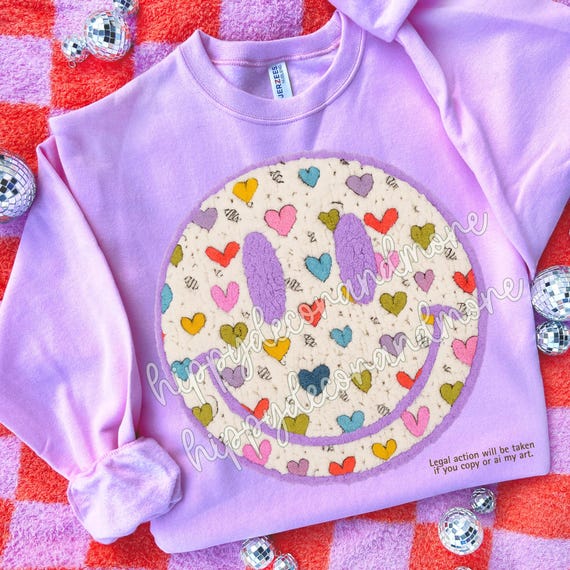 Smiley Face | Faux Chenille PNG | Puffy Bows | Valentine’s Day Sublimation | Digital Download | Colorful Hearts |  Faux Embroidery Smiley