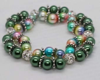 double pearl bracelet 2, saint patricks day, green and rainbow, pearl bracelet, for her, double bracelet, jewelry,