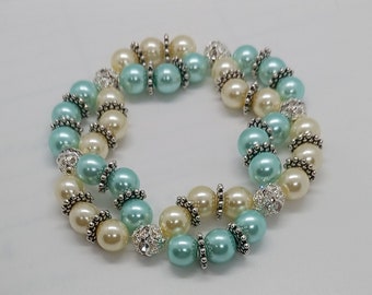 double pearl bracelet, for Easter, pearl bracelet, double bracelet, aqua and yellow pearls, bling beads,