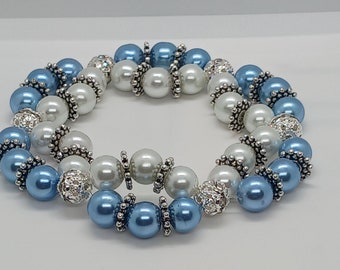 winter double pearl bracelet, white and light blue, winter, two strand bracelet, pearl bracelet, for her