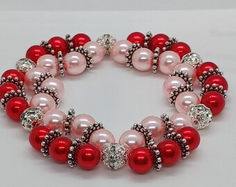 Valentine double pearl bracelet, February, pink and red, pearl bracelet, double bracelet,