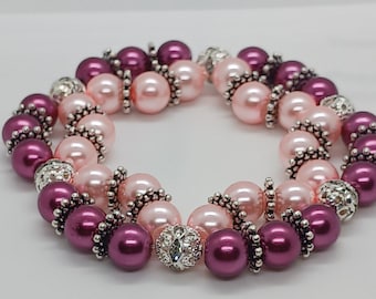 Valentine 2 double pearl bracelet, pearl bracelet, double bracelet, pink and purplish pink, for her,
