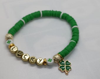 NEW!  St. Patrick's Day bracelet, green clay bracelet, green, black, white, gold,