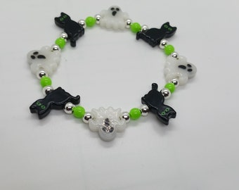 Halloween bracelet, Kandi bracelet, Kandi beads, orange, black, white, gold, bats, spiders,