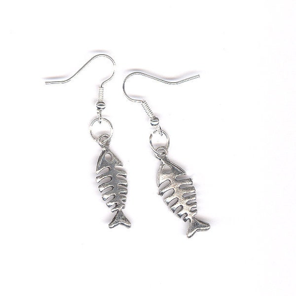 Fish Bone Charm Earrings, Pet Line, fish bone earrings, charm earrings, pierced earrings, dangle earrings, drop earrings,