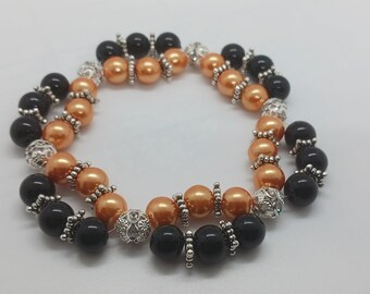 Halloween pearl double bracelet, Halloween Line, pearl bracelet, for her, double bracelet, black & orange, Holiday double bracelet,