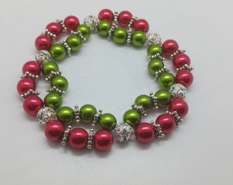 double pearl bracelet, Christmas, red & green,