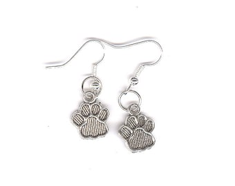 Paw Print Earrings, Pet Line, charm earrings, pierced earrings, dangle earrings, drop earrings, paw print charms, silver tone charms,