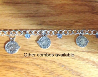 Charm Bicone Bracelet, New Year's Line, New Year Charm Bracelet, bracelet with charms, silver tone bracelet, adjustable bracelet,