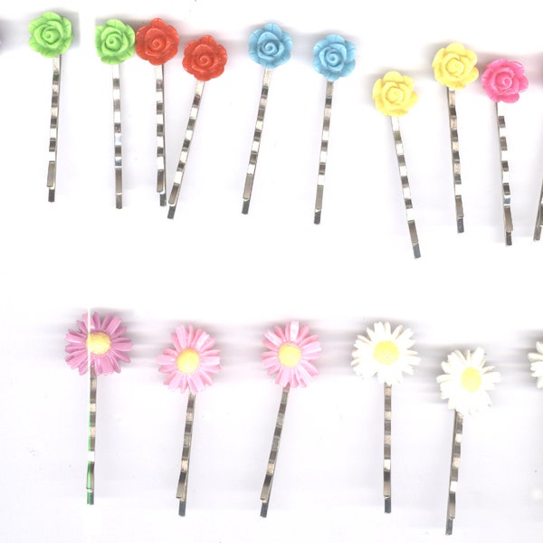 Flower Hair Pins, cabochons, silver bobby pin, flower cabochon, roses, daisies, white, red, purple, pink, hot pink, blue, yellow, green