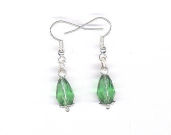 green faceted teardrop earrings, pierced earrings, earrings, green, faceted teardrop, teardrop, St. Patrick's Day