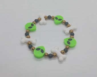 Halloween bracelet, alien and bone beads, Kandi beads, bracelet,