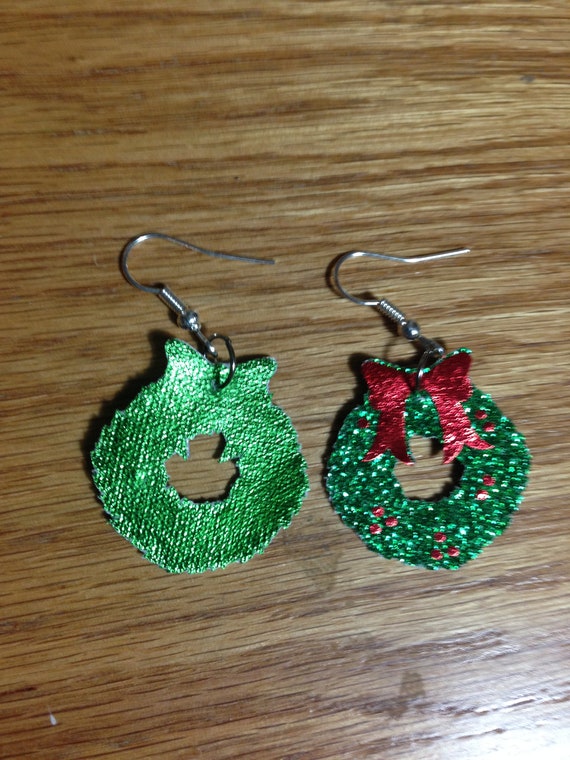 Wreath Faux Leather Earrings, Christmas Line, Dangle Earrings