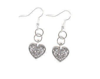 Swirly Heart Earrings, Valentine's Day Line, valentine, silver tone earrings, drop earrings, dangle earrings, charm earrings,