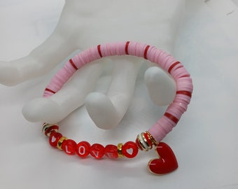 NEW! Valentine's Bracelet, clay beads, heart, red, pink, white, black, gold, for her