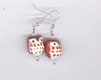 Ceramic Owl Earrings, owl, owls, pierced ears, ceramic beads, yellow, purple, red, light blue, light green, green, gray, orange, pink