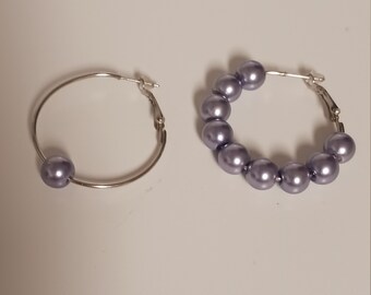 Hoop Earrings with pearls, 1-9 pearls, gray pearls, pierced ears, for her, for him, for earlobe,