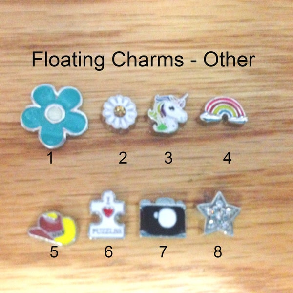 floating charms, other charms, unicorn, rainbow, flowers, I love puzzles, camera, star, cowboy hat, for floating lockets,