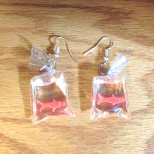 fish in a bag earrings, dangle earrings, pierced earrings, goldfish in a bag, funny earrings,