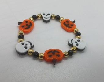 Halloween bracelet, Kandi beads, gold, white, orange, black, for her/him, bracelet, Halloween, pumpkins, skulls,