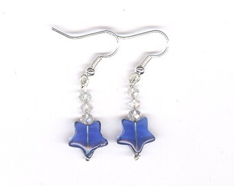 Blue Star earrings, pierced earrings, star earrings, Patriotic earrings, USA, beaded earrings, earrings, silver, surgical steel, blue,