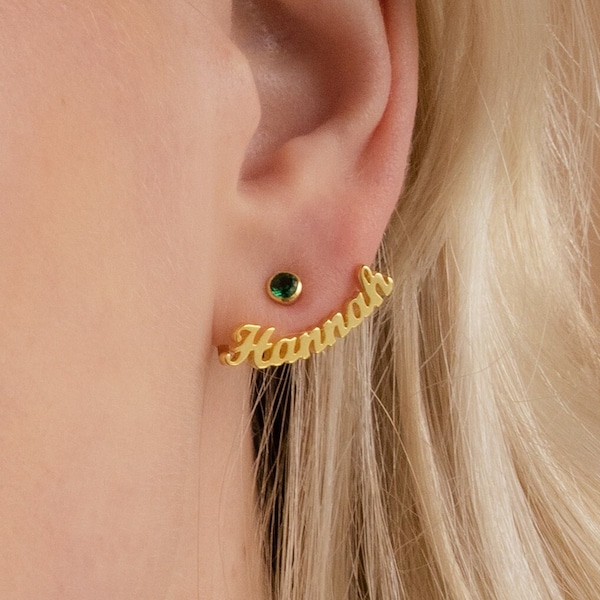 Custom Name Ear Jacket Earrings by Caitlyn Minimalist • Birthstone Cuff Earrings with Name Charm • Birthday Gift • CM64F60