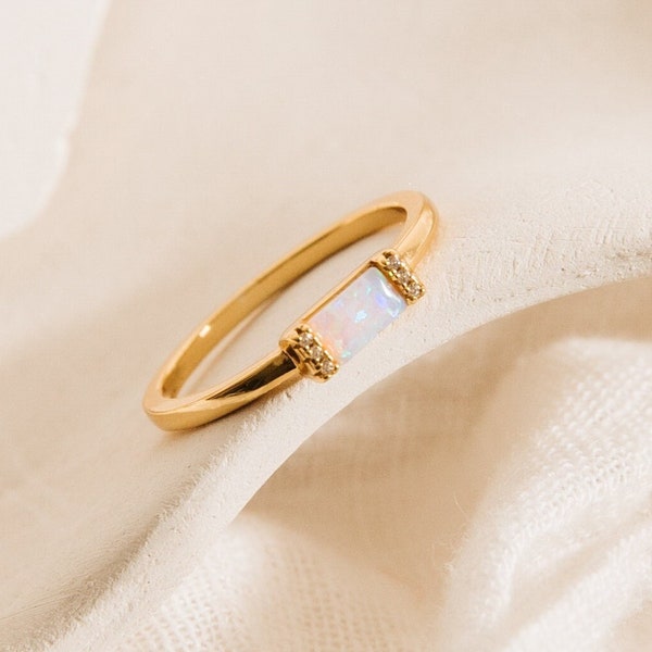 Dainty Opal Baguette Ring by Caitlyn Minimalist • Opal Gemstone Ring • Engagement, Promise Ring • Anniversary Gift for Girlfriend • RR087