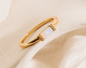 Dainty Opal Baguette Ring by Caitlyn Minimalist • Opal Gemstone Ring • Engagement, Promise Ring • Anniversary Gift for Girlfriend • RR087