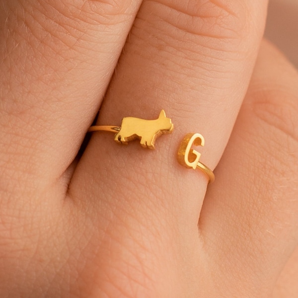 Duo Pet Initial Ring by Caitlyn Minimalist • Personalized Animal Letter Charm Ring • Dainty Adjustable Ring • Custom Dog Mom Gift • RM74F39