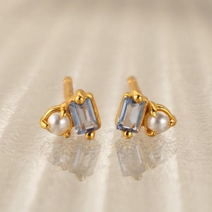 Pearl Aquamarine Stud Earrings by Caitlyn Minimalist • Light Blue Gemstone Earrings • Tiny Baguette Earrings • Wedding Jewelry Gift • ER580