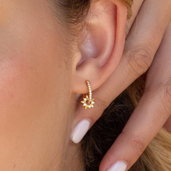 Sun Huggie Hoop Earrings by Caitlyn Minimalist • Diamond Sunburst Charm Earrings • Dainty Boho Jewelry • Best Friend Gift  • ER390