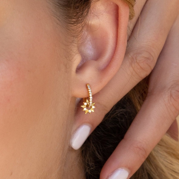 Sun Huggie Hoop Earrings by Caitlyn Minimalist • Diamond Sunburst Charm Earrings • Dainty Boho Jewelry • Friendship Gift • ER390