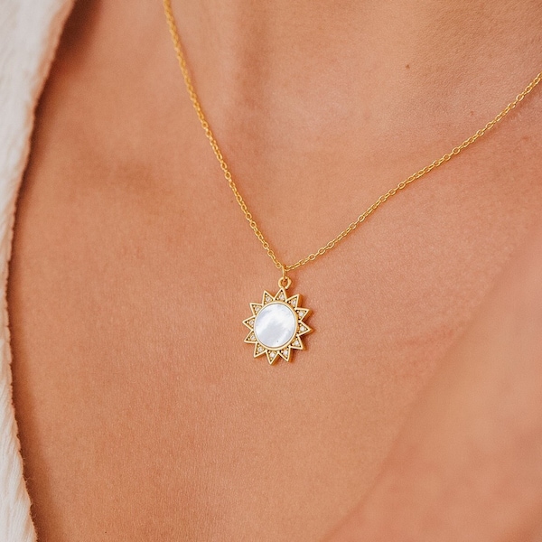 Pavé Sun Pearl Necklace by Caitlyn Minimalist • Diamond Sun Pendant Necklace with Mother of Pearl • Boho Jewelry • Gift for Her • NR103