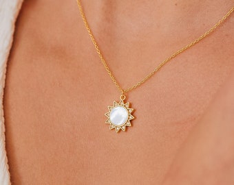 Pavé Sun Pearl Necklace by Caitlyn Minimalist • Diamond Sun Pendant Necklace with Mother of Pearl • Boho Jewelry • Gift for Her • NR103