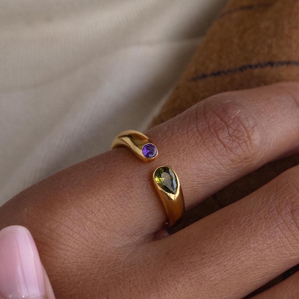 Duo Birthstone Signet Ring by Caitlyn Minimalist • Round & Pear Cut Couples Ring • Toi et Moi Ring • Statement Jewelry • Custom Gift • RM161