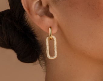Pave Link Hoop Earrings by Caitlyn Minimalist • Removable Dangle Earrings • Statement Geometric Earrings • Gift for Sister • ER402