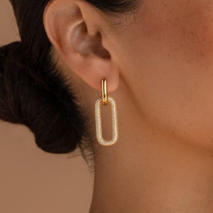 Pave Link Hoop Earrings by Caitlyn Minimalist Removable Dangle Earrings Statement Geometric Earrings Gift for Sister ER402 image 1