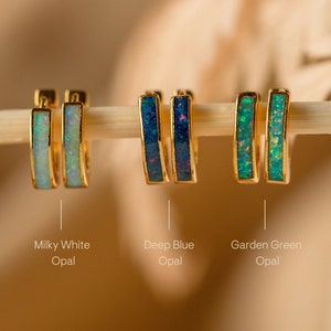 Opal Huggie Earrings by Caitlyn Minimalist Opal Inlay Hoops in White, Blue & Green Dainty Opal Jewelry Perfect for Everyday Wear image 3