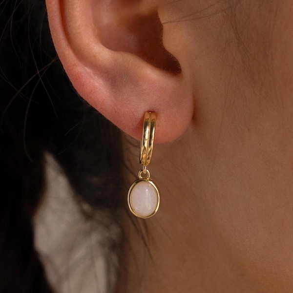 Moonstone Drop Hoop Earrings by Caitlyn Minimalist • Minimalist Oval Gemstone Dangle Earrings • Boho Wedding Jewelry • Gift for Mom • ER604