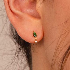 Emerald Kite Stud Earrings by Caitlyn Minimalist • Gemstone Drop Earrings with Diamond Charm • Dainty Emerald Jewelry • Gift for Mom • ER441